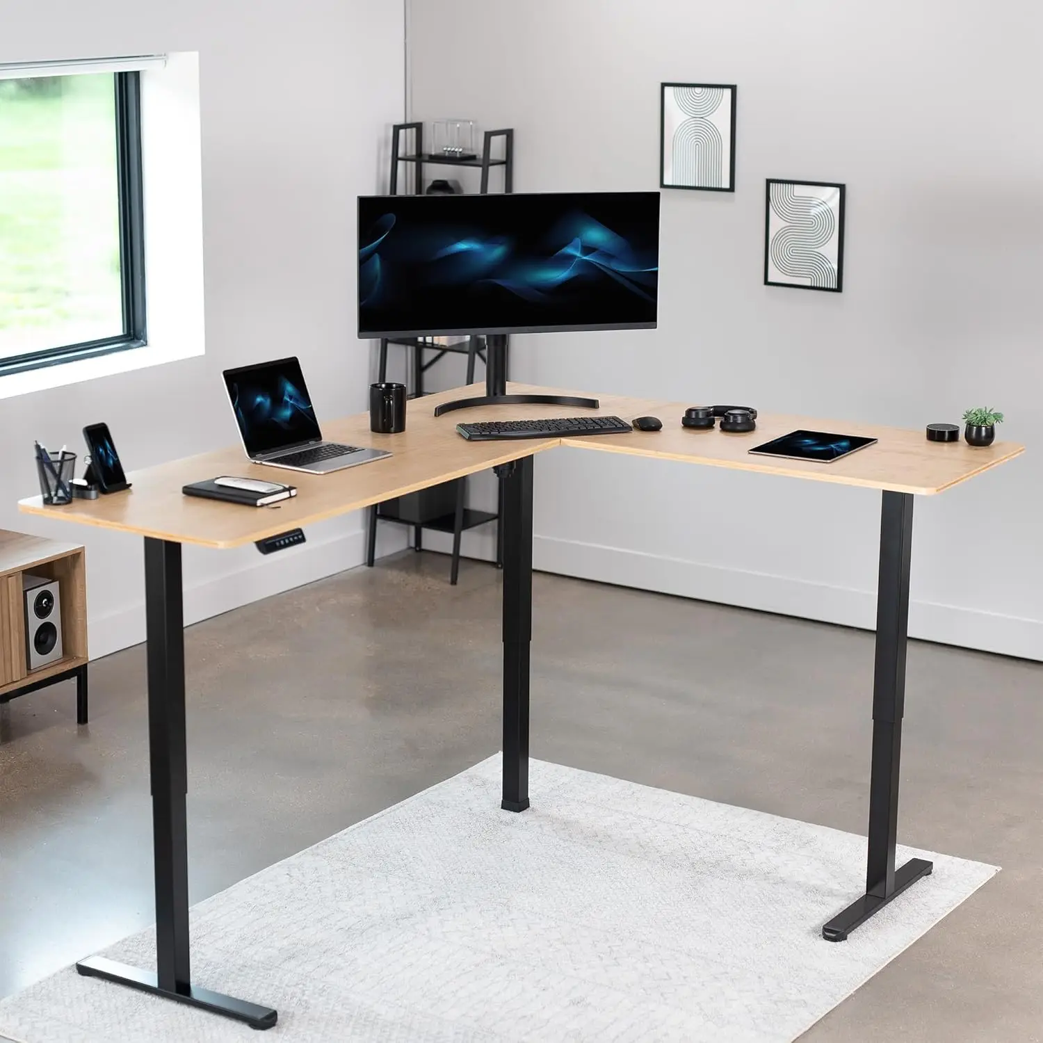 VIVO Electric Corner L-Shaped 75 x 63 inch Real Bamboo Standing Desk, Height Adjustable, Memory Controller, Black Frame