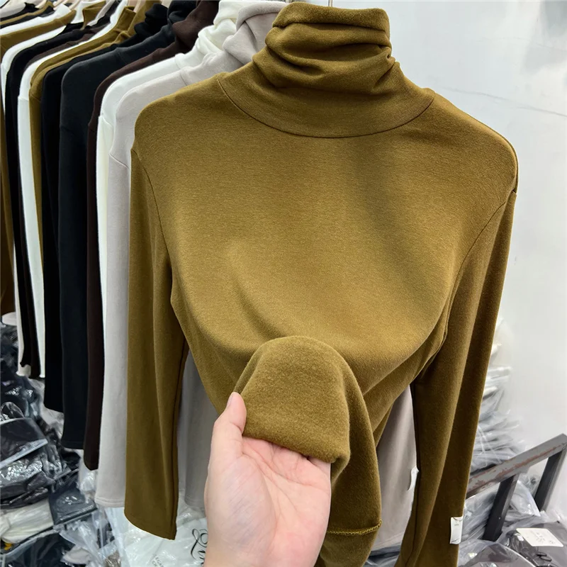 

Thickened Long Sleeve High Collar Velvet T-Shirt Women's Base Shirt Winter Fashion Inner Wear Top Yonlarvip Korean Style