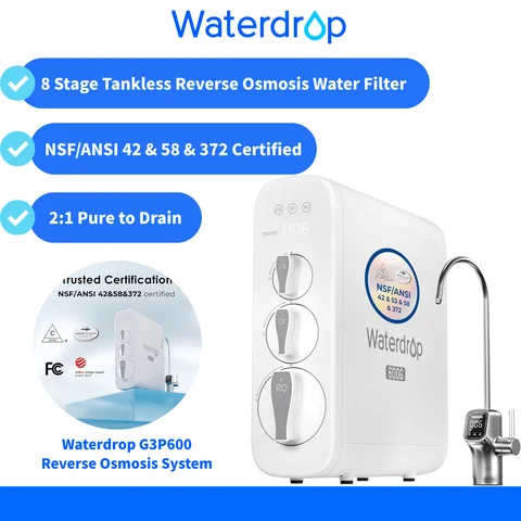 System odwróconej osmozy Waterdrop G3P600, 8-stopniowy filtr wody z odwróconą osmozą bez zbiornika, system RO pod zlew, inteligentny kran LED