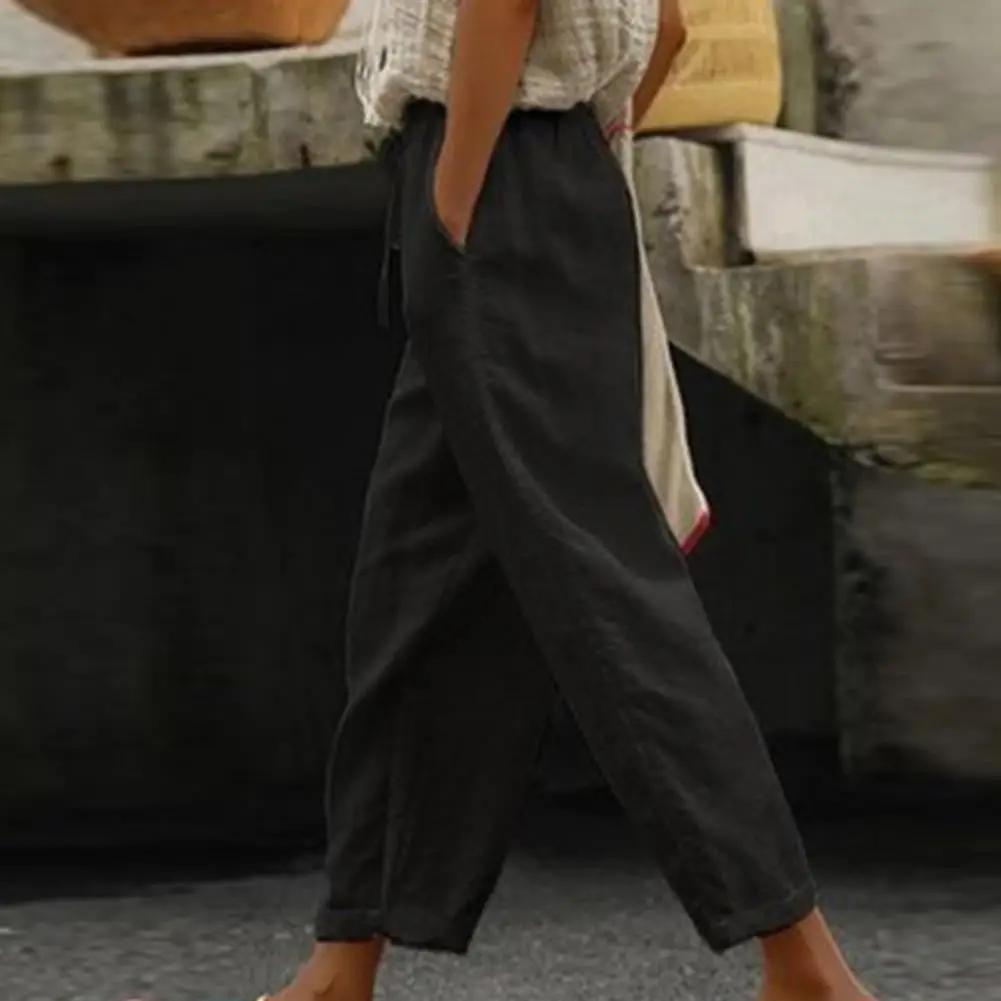 Popular Summer Pants Mid-rise Lightweight Women Pants Vintage Solid Color Casual Pants