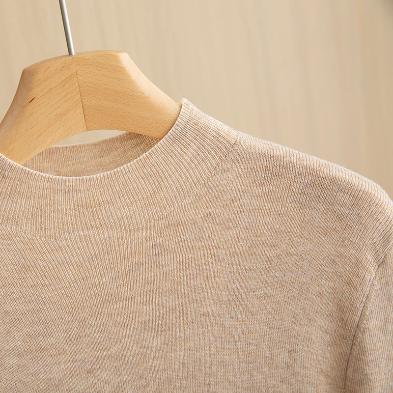 Slim-fit Mock Neck Semi-Sleeve Pullover Women's Pure Wool Sweater Fashion Women's Clothes Tight Knit Top New Style