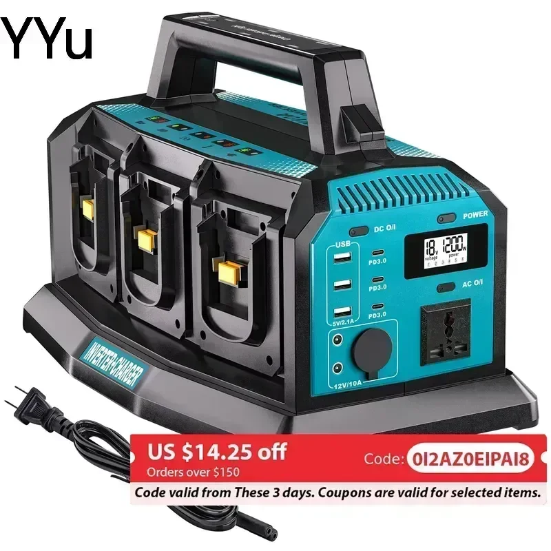 Custom for Makita 18V Battery 1200W Power Inverter 6 Port Rapid Charger DC to AC 120V 240V Converter USB A C 300lm LED Light