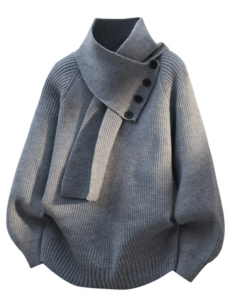 Couple's Hong Kong Style High Collar Knitted Sweater Loose Fit Thickened Overhead Coat Men's Women's Scarf Autumn Winter