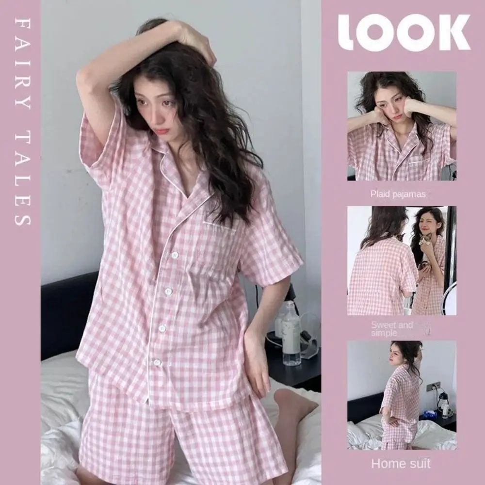 INS Trend Plaid Pajama Suit Button Loose Home Wear Set Lapel Comfortable Pajama with Breast Pad For Women Girl