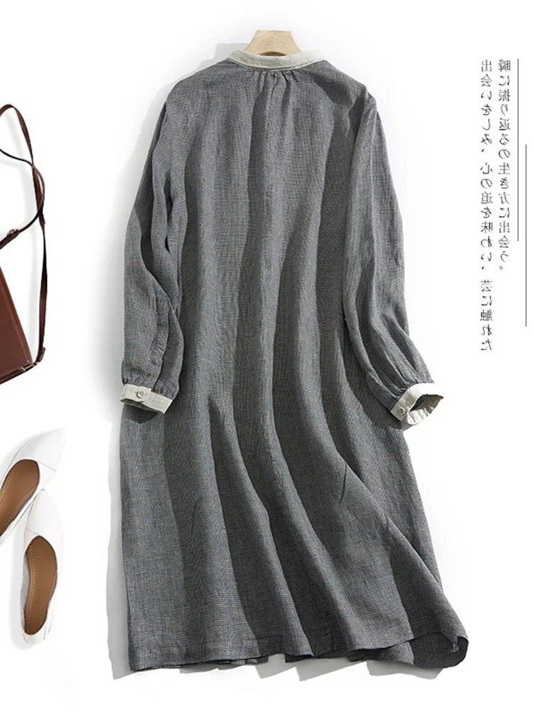 Lâche longue Sve Plaid lin Dr irt vêtements pour femmes japonais Sle jupe Midi décontracté trajet Sle col boutonné