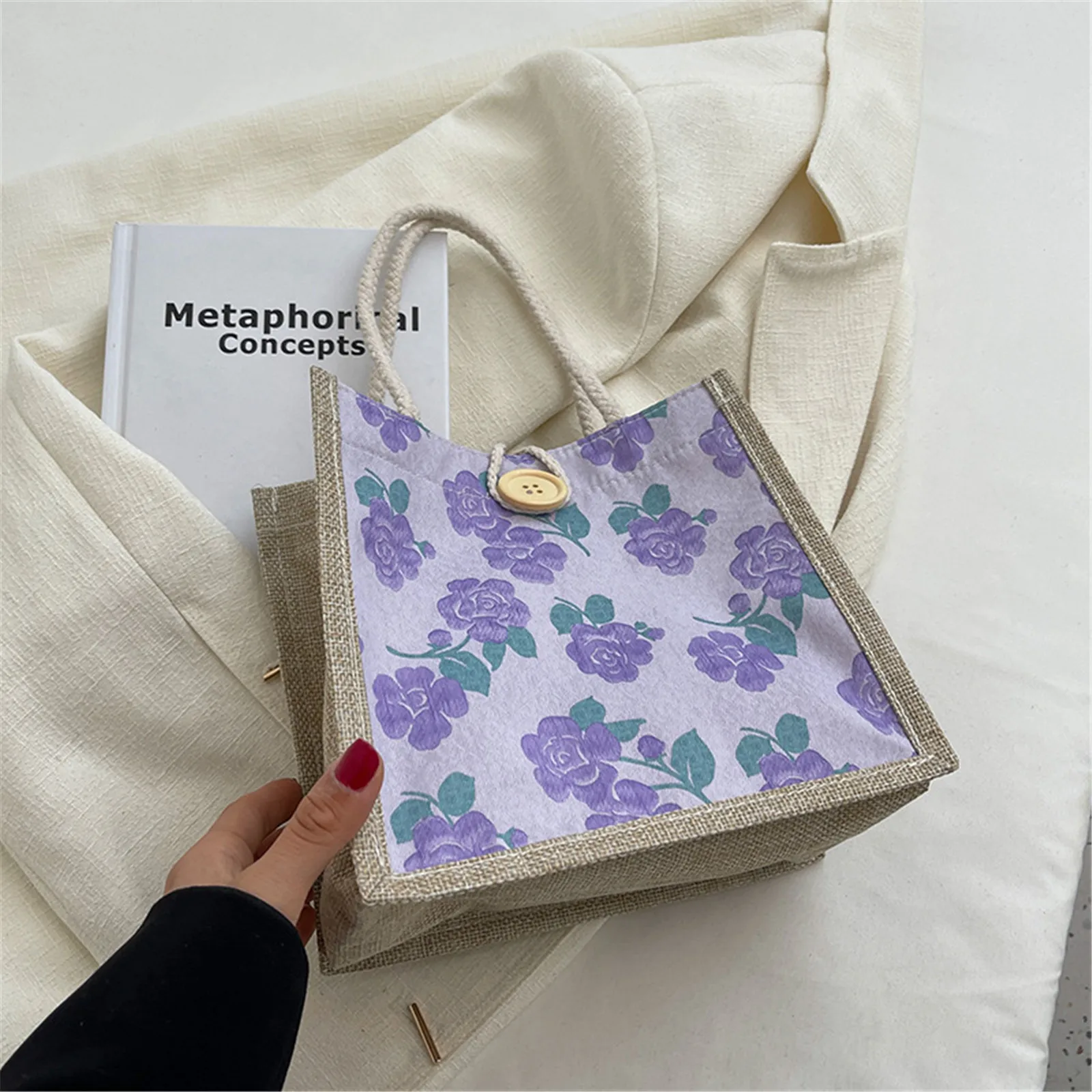 Linen Tote Bag Storage Bag Lunch Pouch Tote Bag Handbag Bento Bag Button Clasp Cute Flower Printing Picnic Food Bento Bag image 4