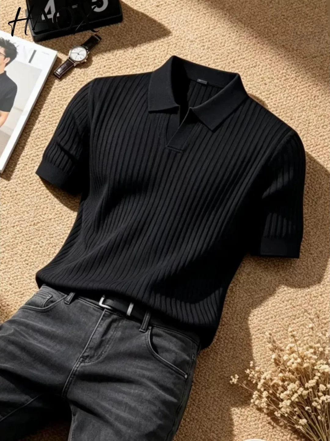 

Black Knitted Short Sleeve T-Shirt Men's Summer Cleanfit Old Money Style Seagull Collar Shirt Breathable Polyester Fiber