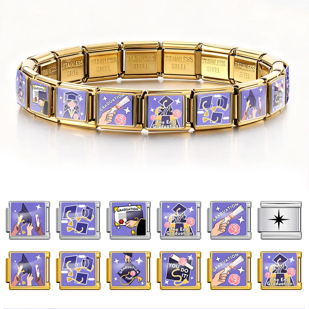 Silver Color Charm Jewelry Italian Link Fit 9mm Stainless Steel Original Design Graduation Series Gold Color Bracelet Making DIY