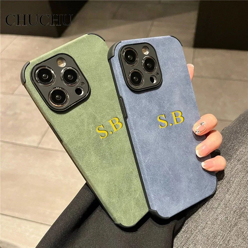 Case For iPhone 16 15 14 13 12 Pro Max Personalized Name Luxury Lamskin Matte Leather Custom Initials DIY Engraved Cover 11 Pro