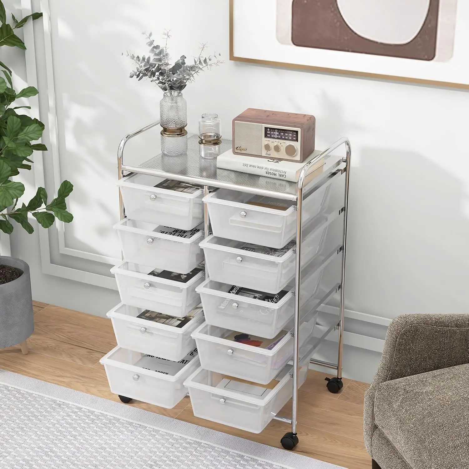 10-Drawer Rolling Storage Cart, Storage Organizer Cart with Lockable Wheels, Beauty Salon Movable Utility Cart for School, Offic