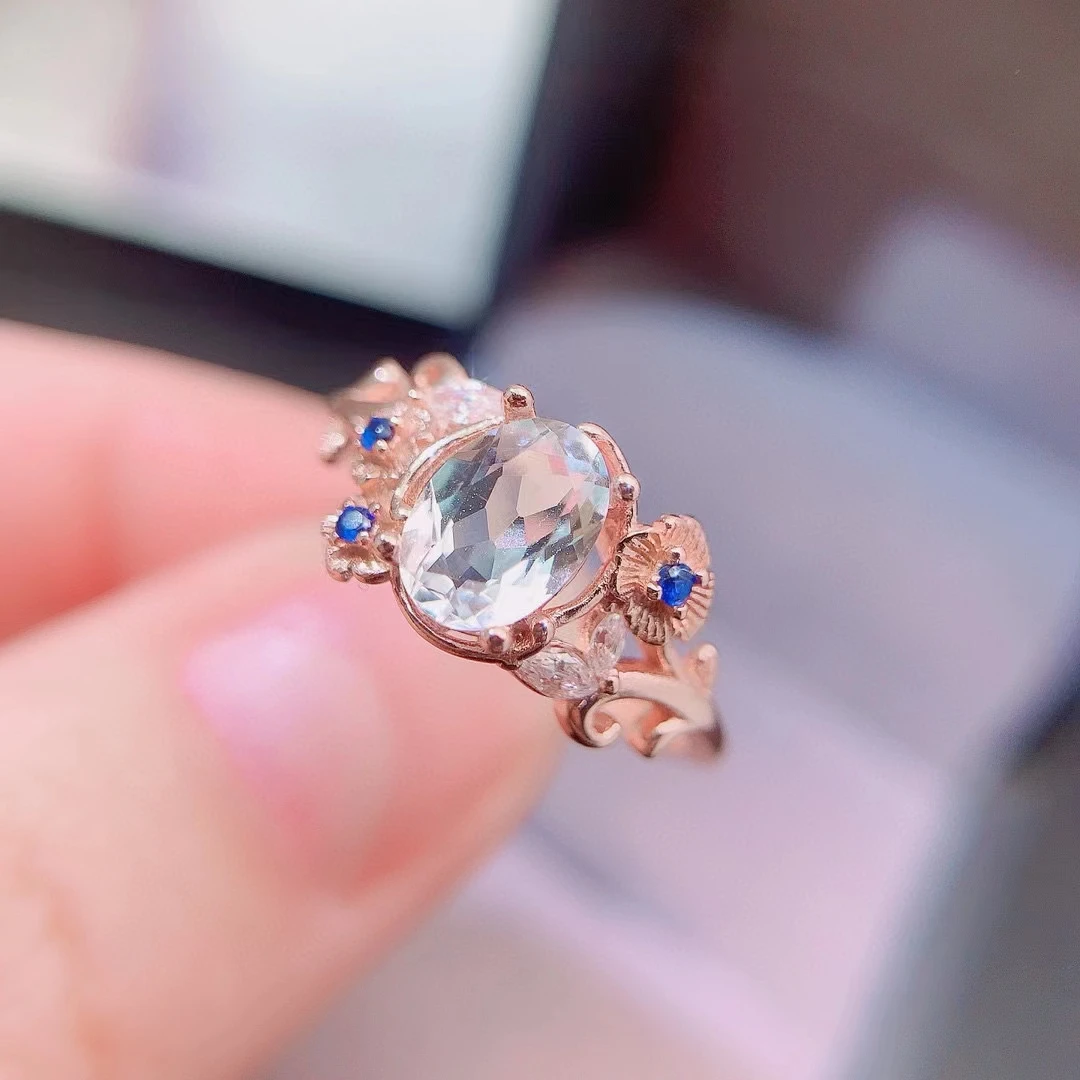 Light Bule Topaz Ring 5mm*7mm Natural Topaz Silver Ring with 3 Layers 18K Gold Plated 925 Silver Crystal Jewlery for Daily Wear