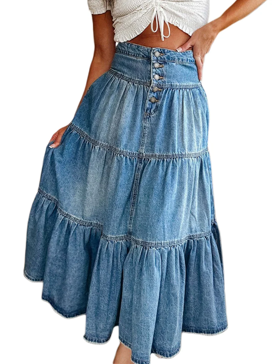 wsevypo High Waist Ruffled Hem A-Line Jeans Skirt Women Spring Summer Retro Flared Denim Long Skirt for Club Streetwear