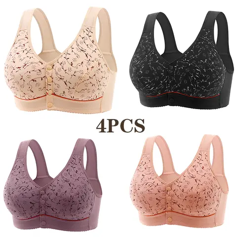 패션 여성 플로랄 패턴 비강철 지원 속옷 통기성 편안한 프론트 버튼 편리한 브래지어 Traceless Stretchy