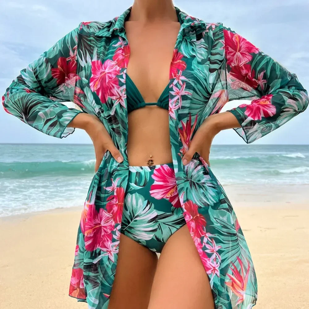 New High Waist Swimsuit Tropical Print Three Pieces Bikini for Women 2024 Cover Up Swimwear Brazilian Biquini Bathing Suit