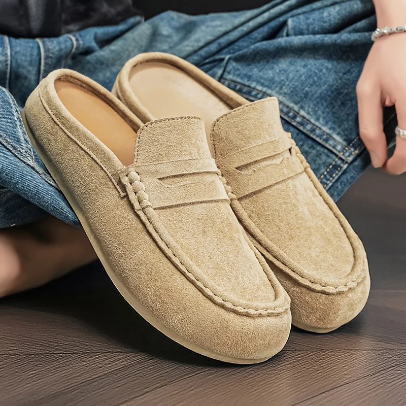 Men's Fashion Comfortable Casual Leather Loafers Slip-on Half Slippers Breathable Walking Shoes for Driving Couple