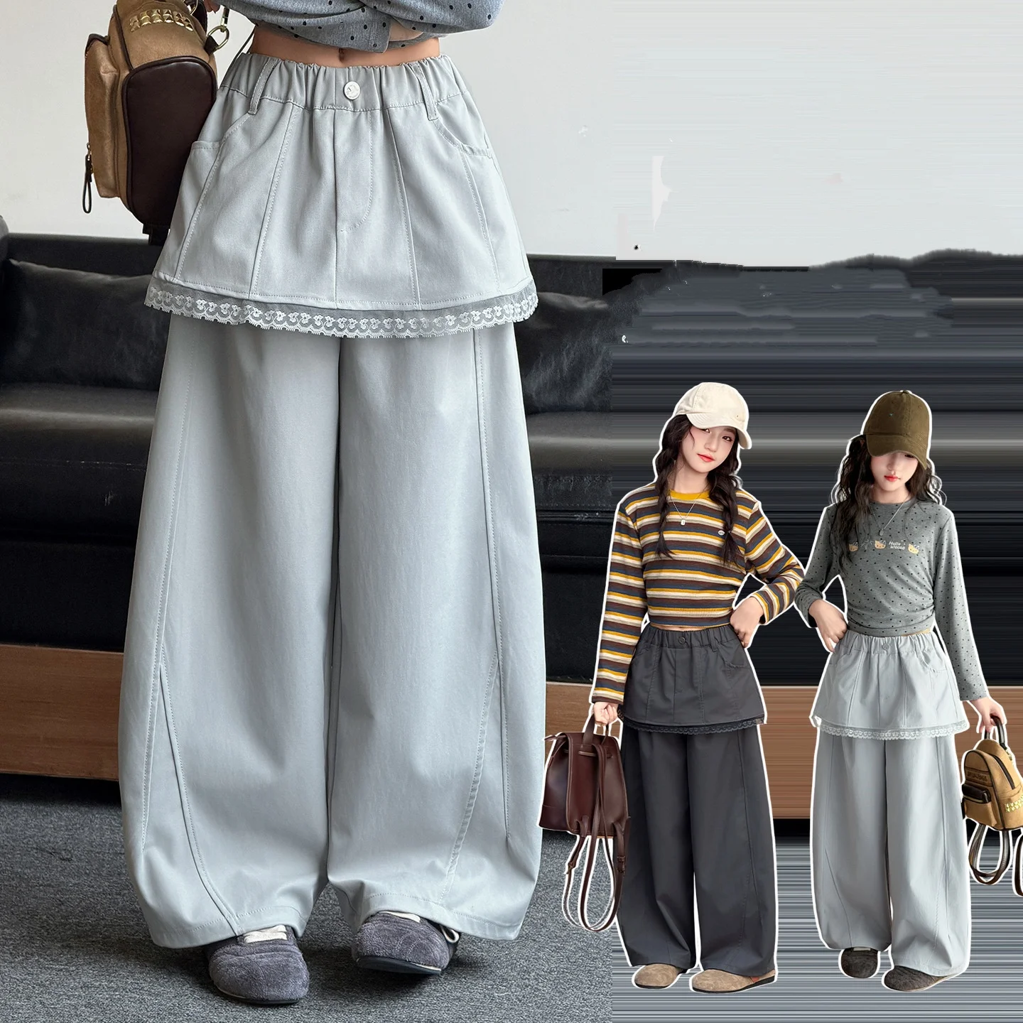 Kids Sweatpants Teenage Girls Skirt-Pants with Lace Autumn New Fashion Wide-leg Trousers Children Casual Fake-Two-Pieces