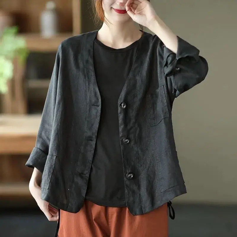 Women Retro Simple Casual Button Cardigan 2024 Spring Autumn Long Sleeve Cotton Linen Shirts Female V Neck Solid Loose Y2K Tops