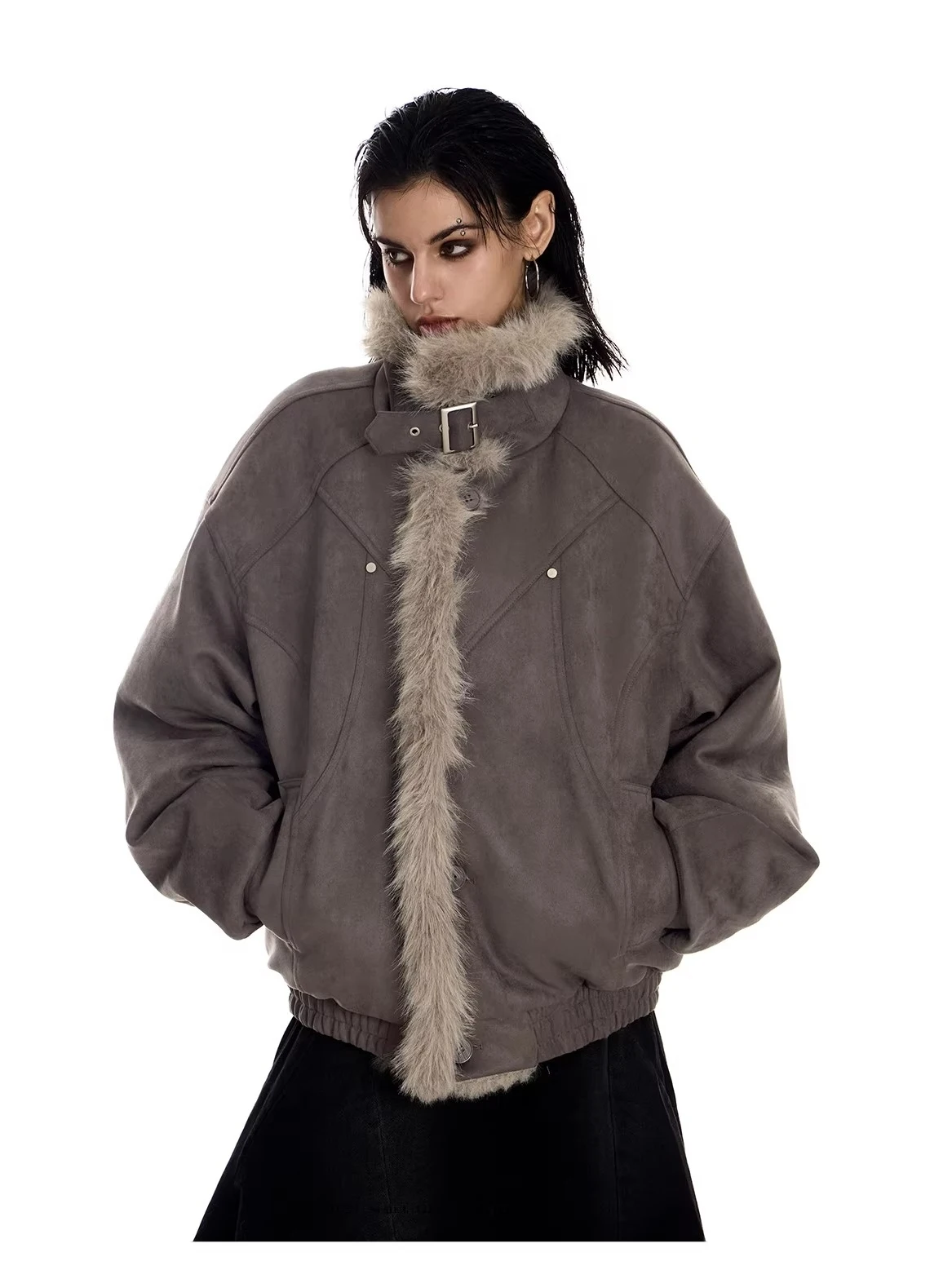 

Ретро-куртка из замшевого хлопка с меховым воротником для мужчин и женщин, теплая зимняя, в американском стиле, с эффектом деconstruction