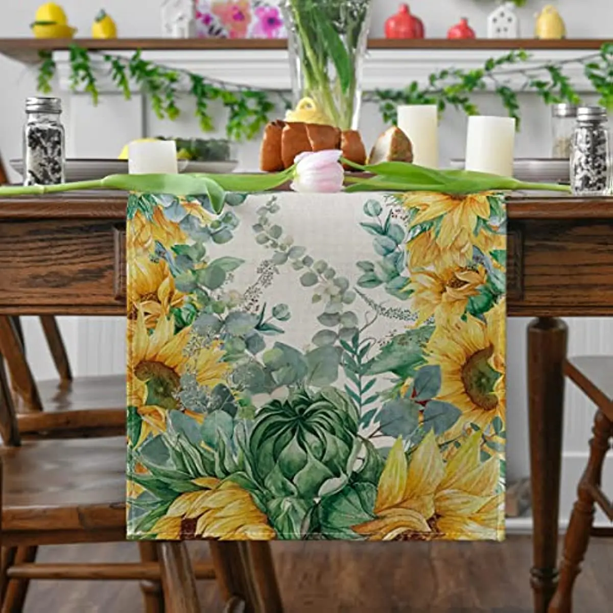 Sunflower Eucalyptus Table Runners Linen Stain Resistant Holiday Kitchen Table Decorations for Indoor Outdoor Home Party Decor