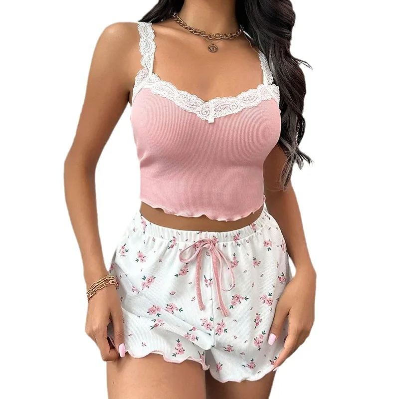 Camisole sexy en dentelle pour femmes, vêtements de nuit, coupe couvertes, deux pièces, tenue de maison, rose, café, bleu, nouveau produit, 2025