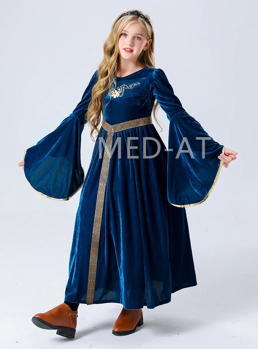 Girl\'s Medieval Dress Victorian Palace Royal Princess Costume Renaissance Halloween Vampire Cosplay Kids Long Fancy Velvet Robe