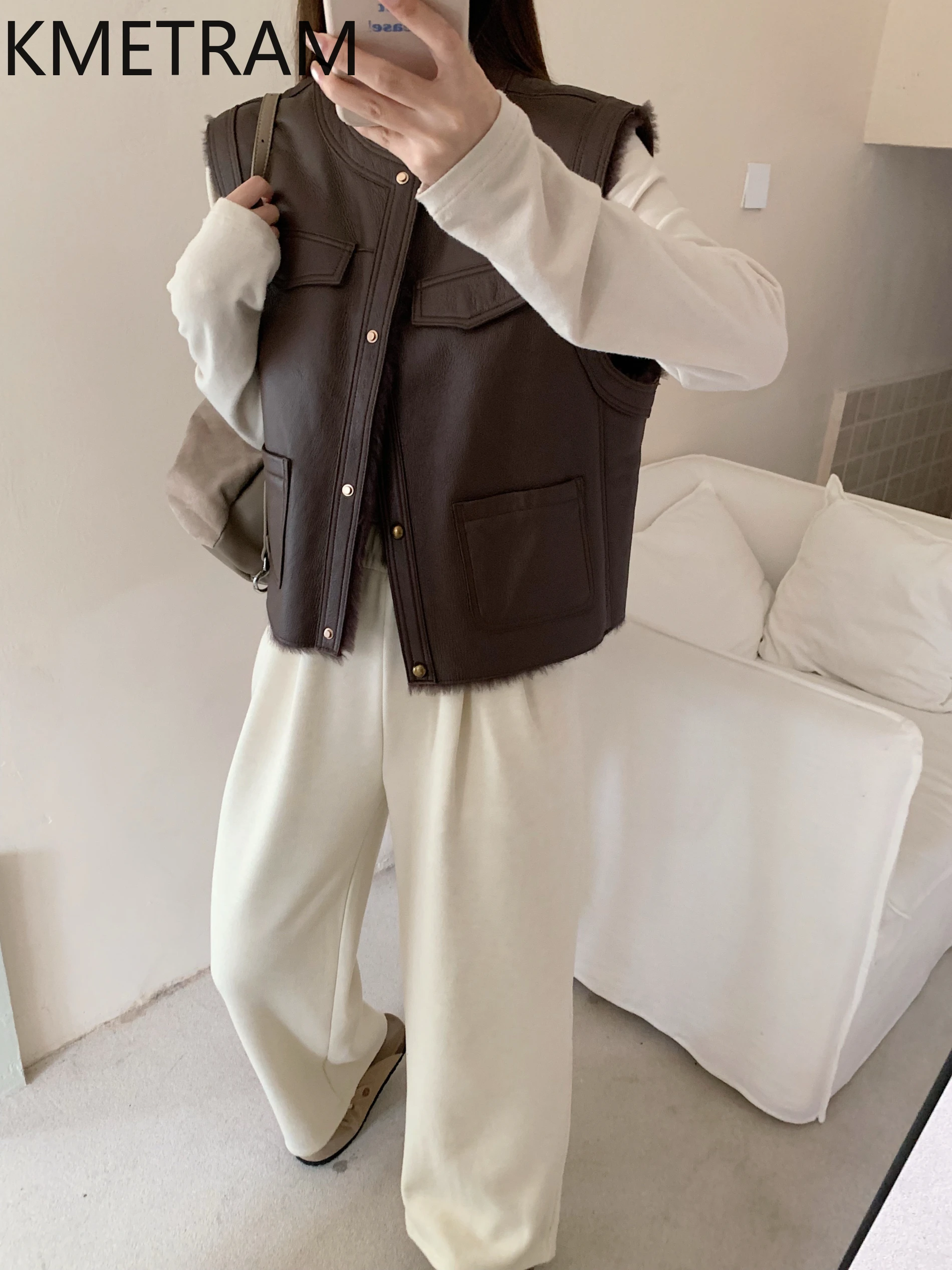 سترة KMETRAM من صوف الغنم الطبيعي من Lacon سترة دافئة من الجلد الطبيعي ملابس خارجية قصيرة ملابس شتوية للنساء 2025 schuba femenarska