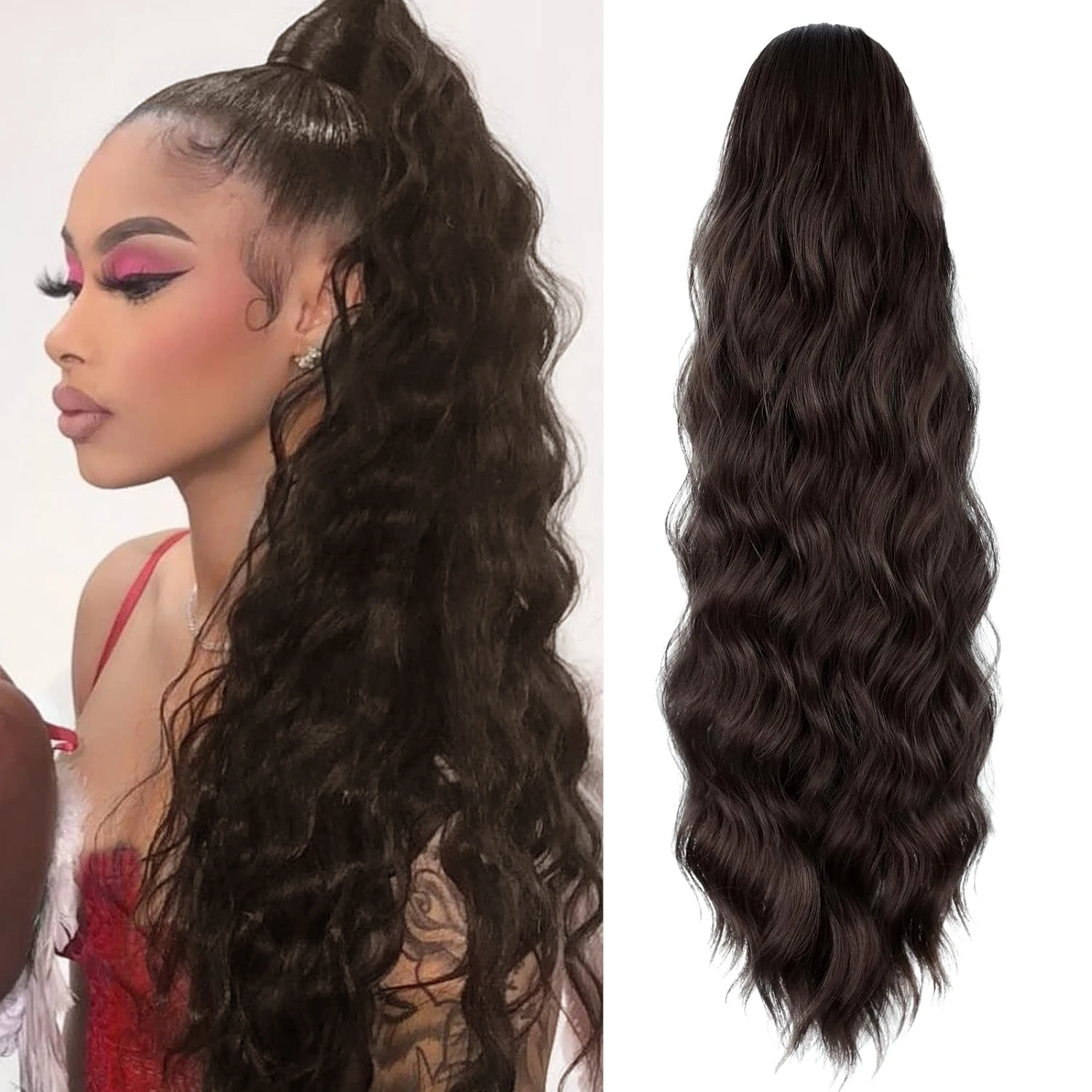 Ponytail Extension, 18/26/30 Inch Long Wavy Drawstring Ponytail for Women Dark Brown Pony Tail Hair Extension Synthetic