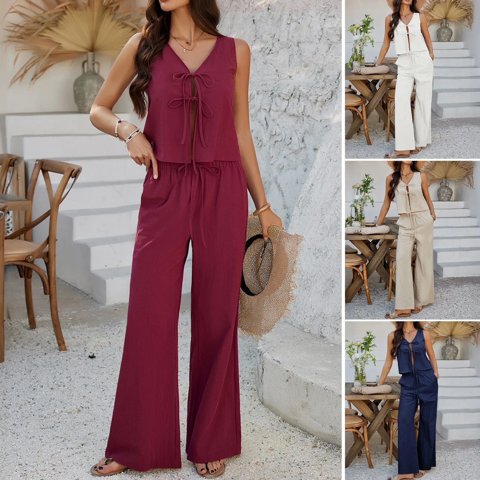 

2025 Spring And Summer Women's Clothing Casual Vacation Style Solid Color Sleeveless Lace-up Top Wide-leg Trousers Set
