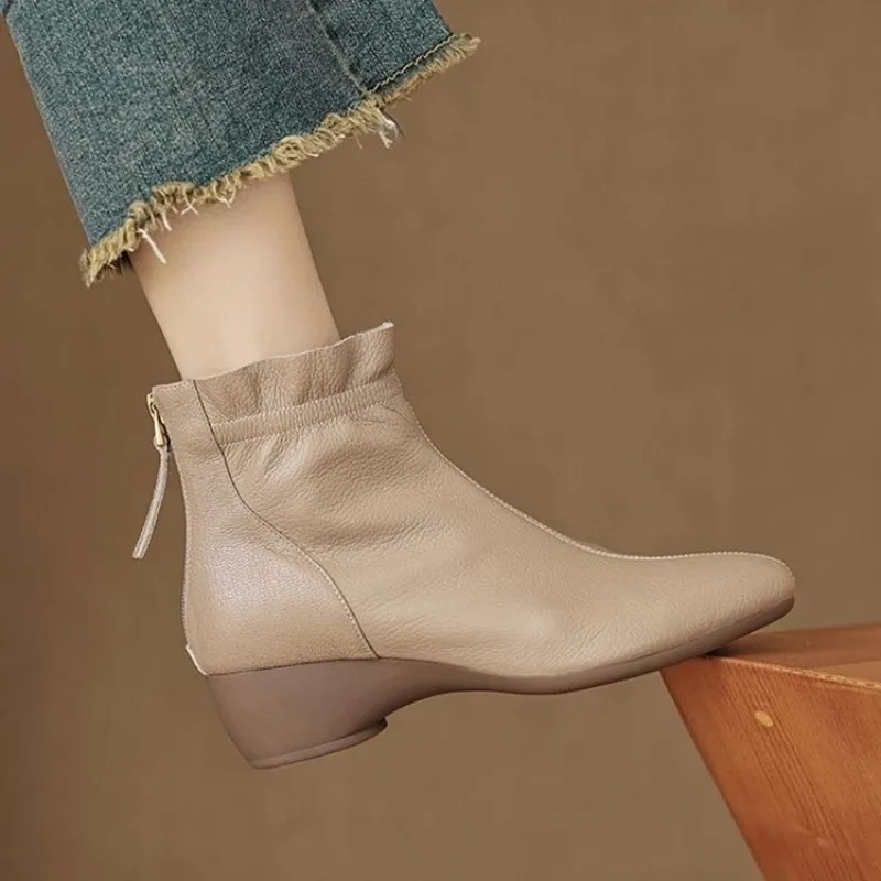 Winter Women Mid-calf Leather Boots Ruffled Pointed Toe Chunky Heel Lady Short Boot Fashionable Large Size Snow Boots Waterproof