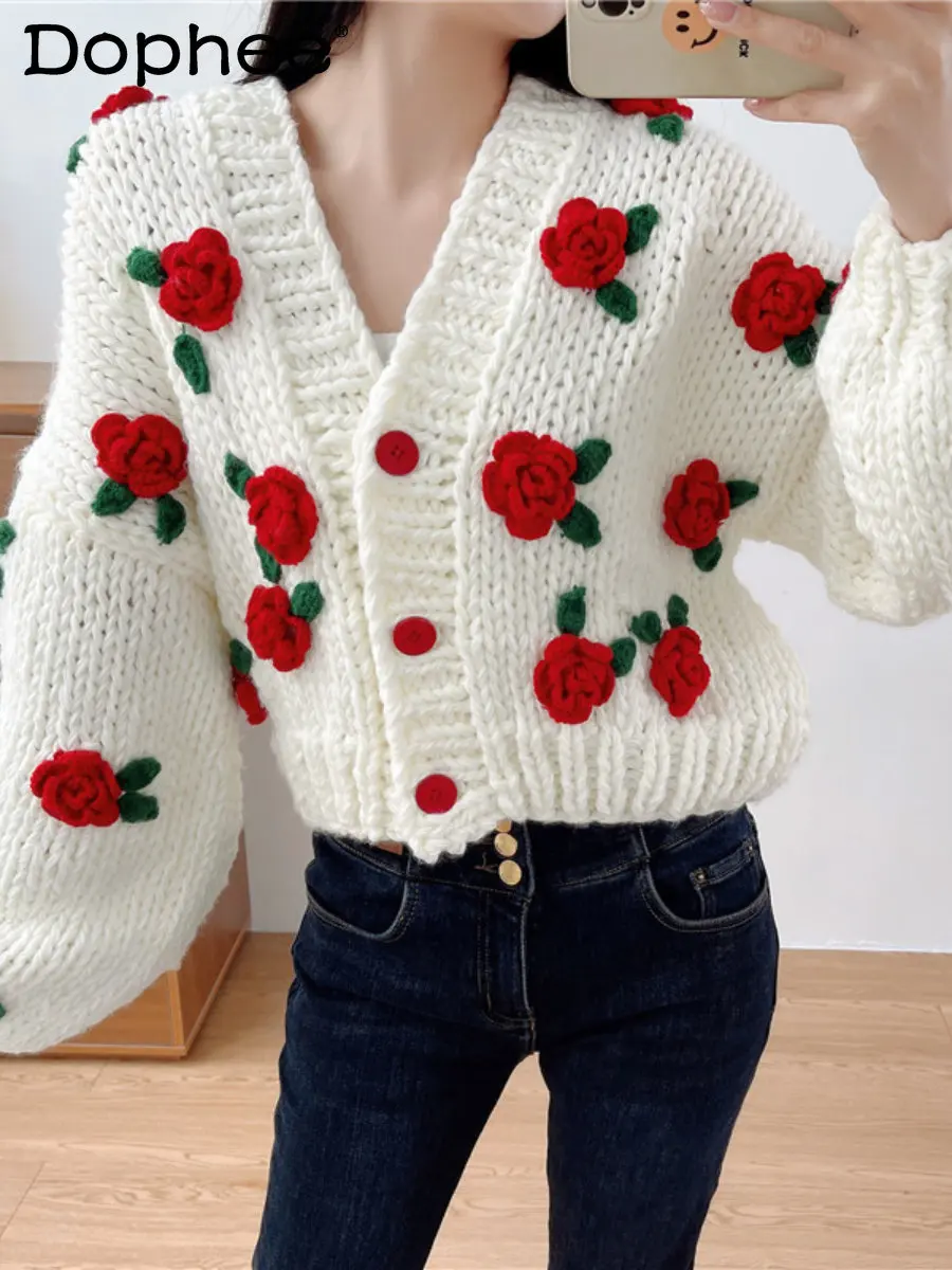 2022 Fall Winter Sweater Thick Knitted Cardigan Jacket Women Sweet Rose Flower Contrast Color Knitwear Coat New Year Sweater Top