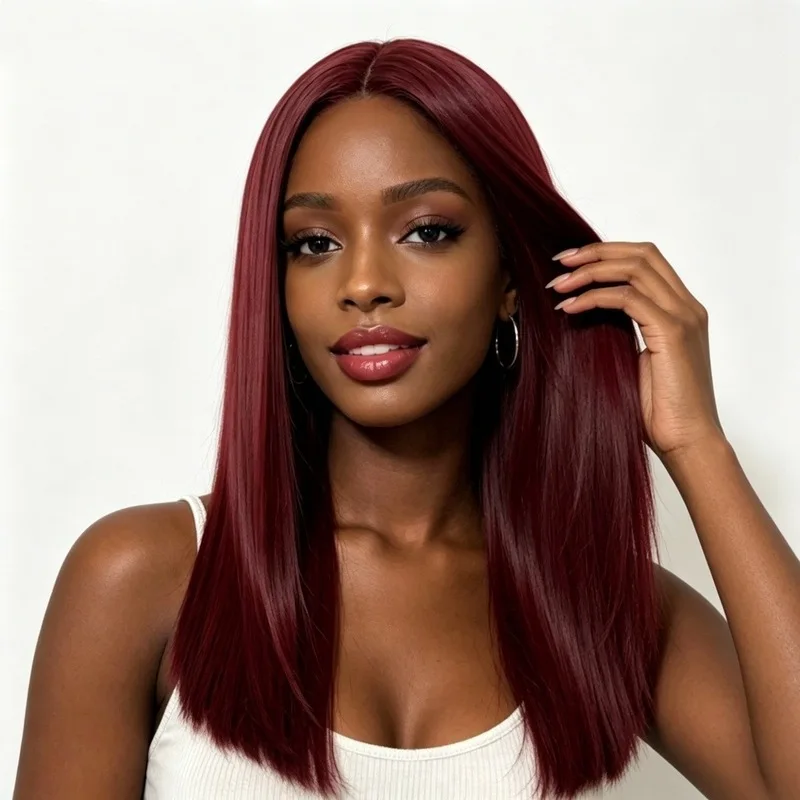 Fashionable Burgundy Long Straight Hair Women'S Wig, Personalized Trendy Outdoor Travel Simulation Head-Wearing Synthetic Wig