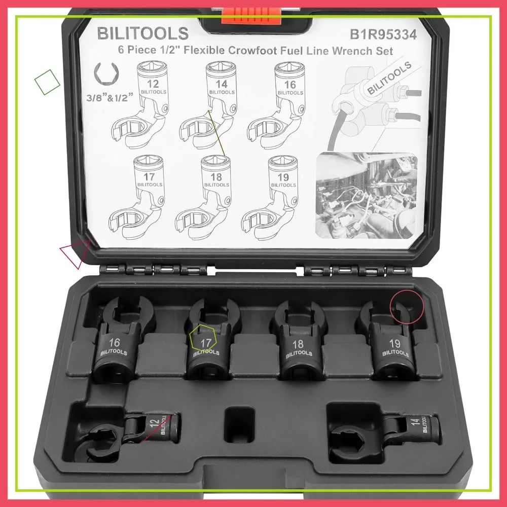 Juego de llaves de pie con cabeza flexible, 6 uds., enchufes métricos de accionamiento de 3/8 "y 1/2" para líneas de combustible y hidráulico con caja de almacenamiento