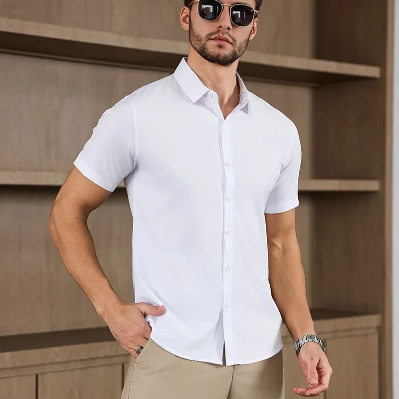 Neues Herren-Business-Casual-Hemd mit kurzen Ärmeln, einfarbig, für Sommermode, ohne Bügeln, bequemes und vielseitiges Oberteil