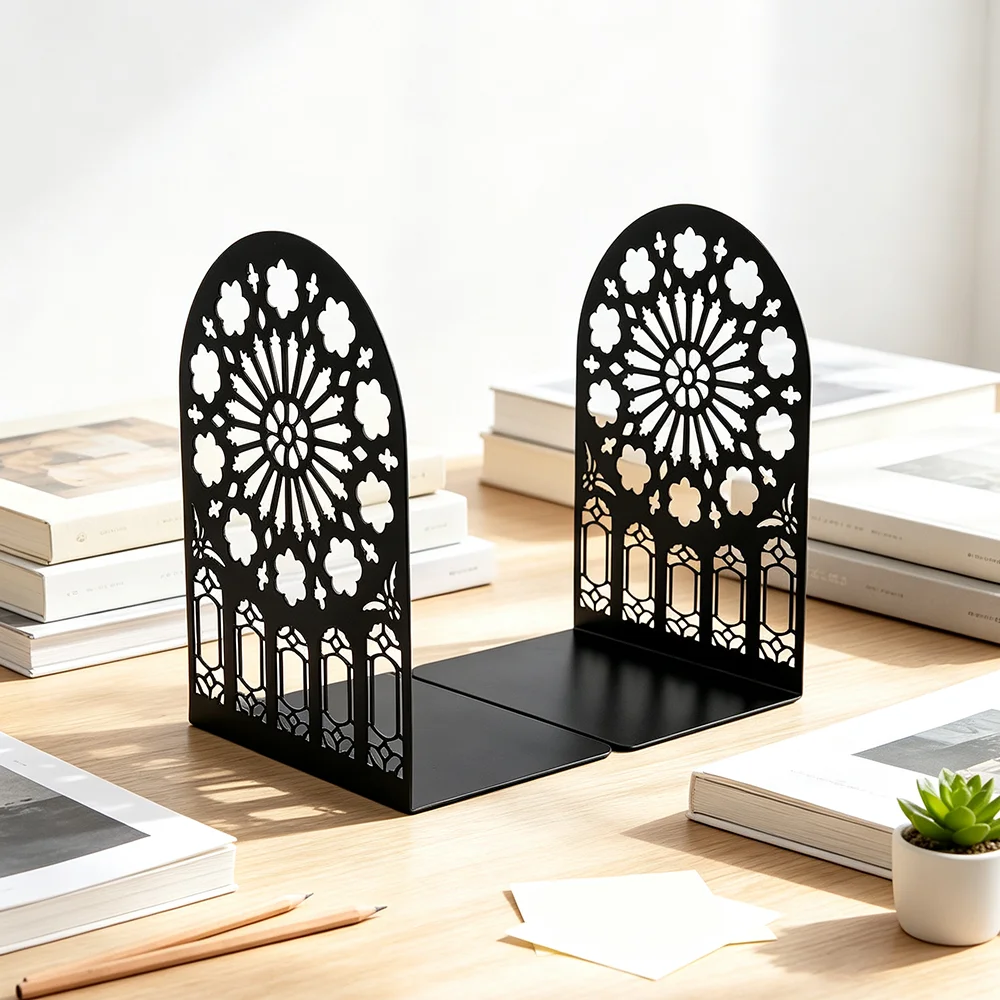 Metal Gothic Bookends, Vintage Cathedral Arch Book Holder, Decorative Hollow Window Bookshelf Organizer for Office Home Library