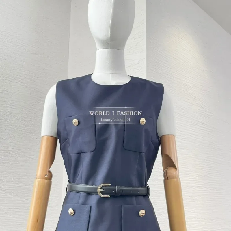 2025 New Navy Blue Sleeveless Pocket Patchwork Floral Bud Mini Dress