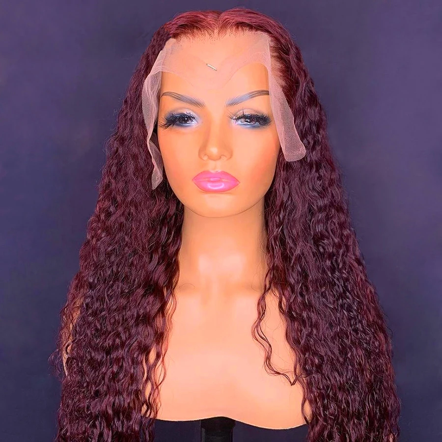 Soft 180Density Burgundy 99j 26Inch Long Glueless Kinky Curly Lace Front Wig For Women With Baby Hair Gluless Preplucked Daily