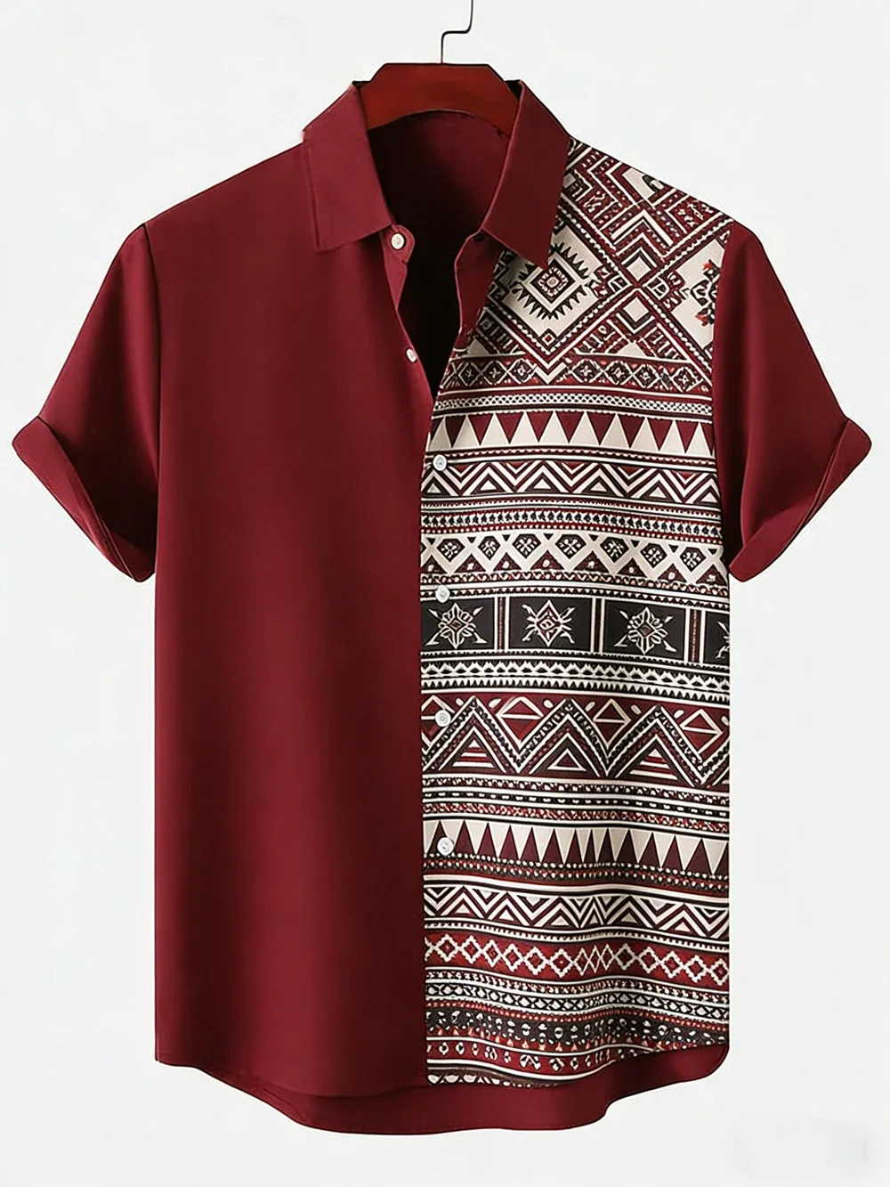 Men's short-sleeved Hawaiian style casual shirt with ethnic totem high-definition printing in natural color and black