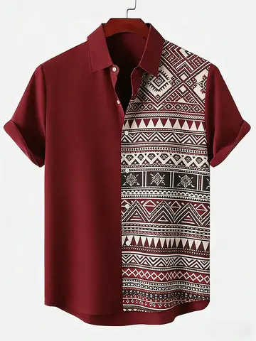 Men's short-sleeved Hawaiian style casual shirt with ethnic totem high-definition printing in natural color and black