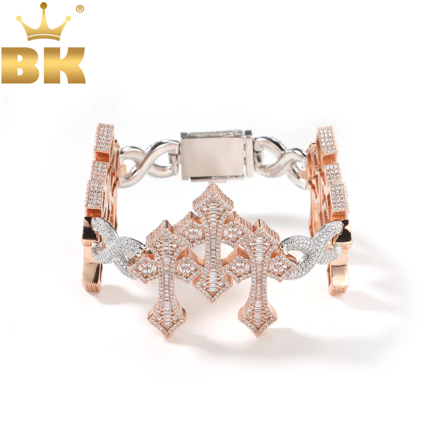 

THE BLING KING Iced Two Tone Infinity Link Triple Cross Bracelet Micro Paved Cubic Zirconia For Men Women HipHop Jewelry