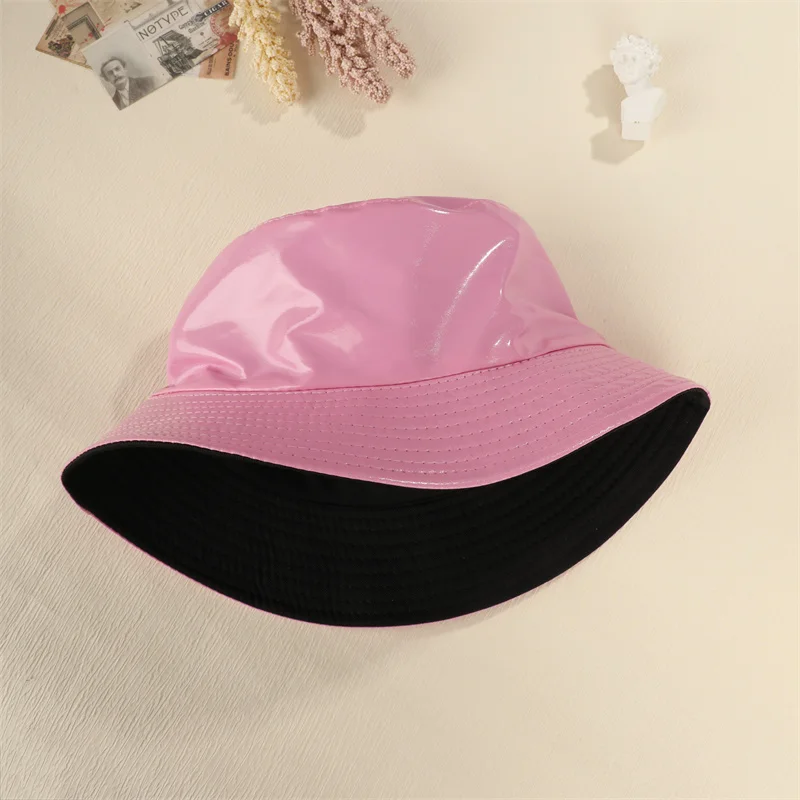 Shiny Hip-Hop PU Leatherr Bucket Hat for Women Men Waterproof Panama Cap Fishing Cap Foldable Fashion Soild Hiking Hat Street