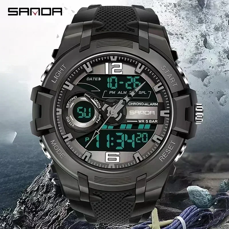 SANDA Fashion Alarm Mode Sports Hand Clock for Teenagers Multiple Functions Waterproof Luminous Analog Digital Wrist Watch