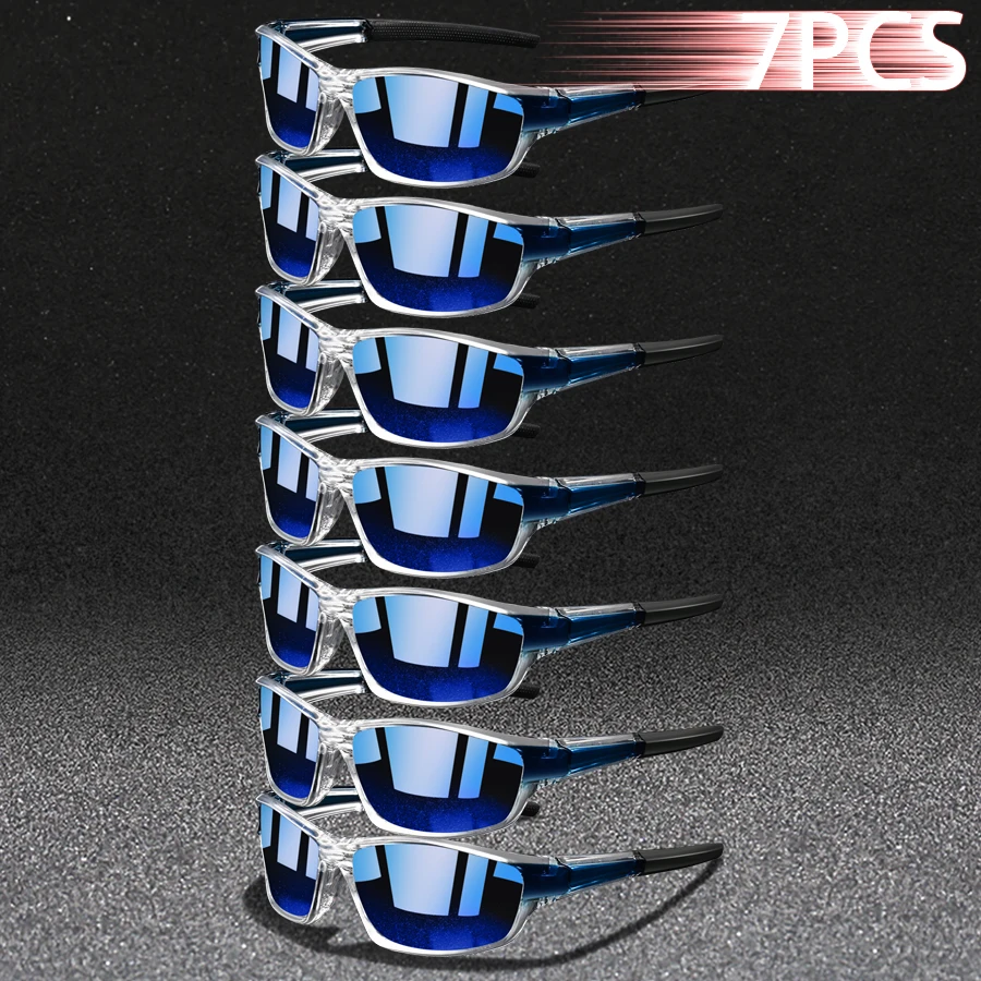 Lunettes de soleil de sport d'extérieur 7 pièces pour hommes et femmes, randonnée, camping, escalade, trekking, plage, décontractées, vintage, monture transparente
