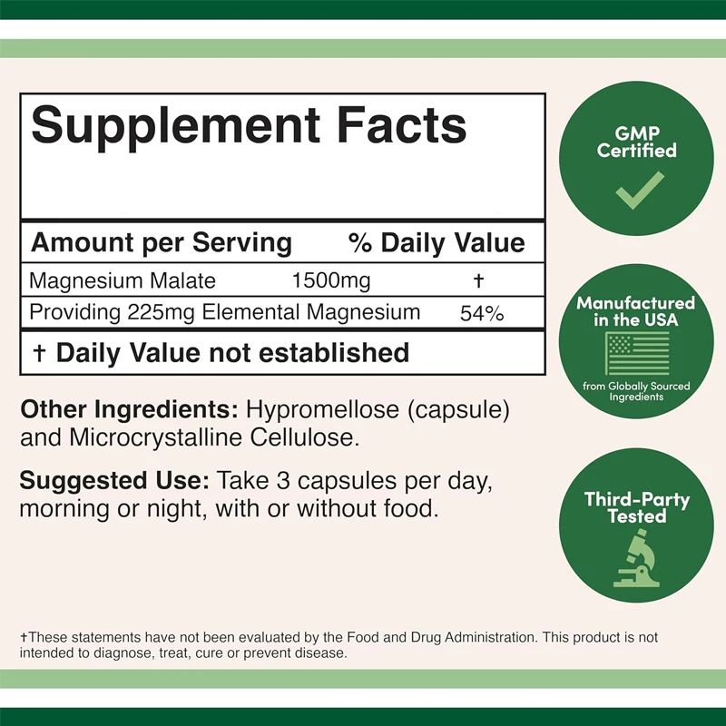 Magnesium malate capsules, 60 capsules, 1500mg (magnesium bonded to malic acid), vegetarian friendly, gluten free