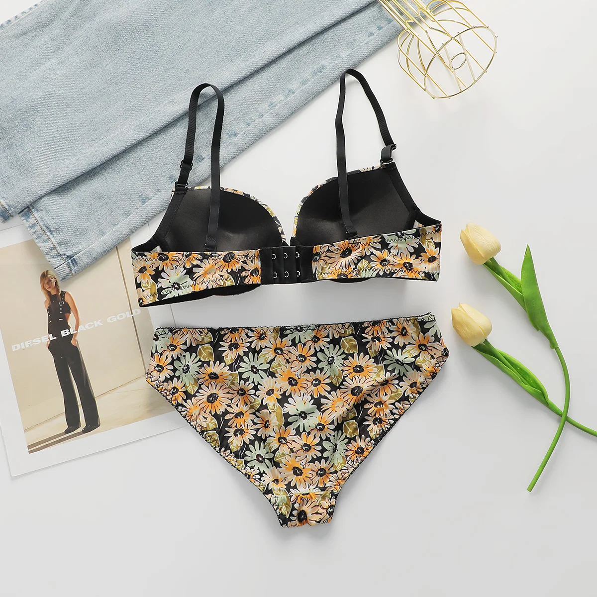 Women's Sexy Dandelion Pattern Bra Set with Steel Ring Gathered Comfortable Fitting Underwear Ensemble B6002