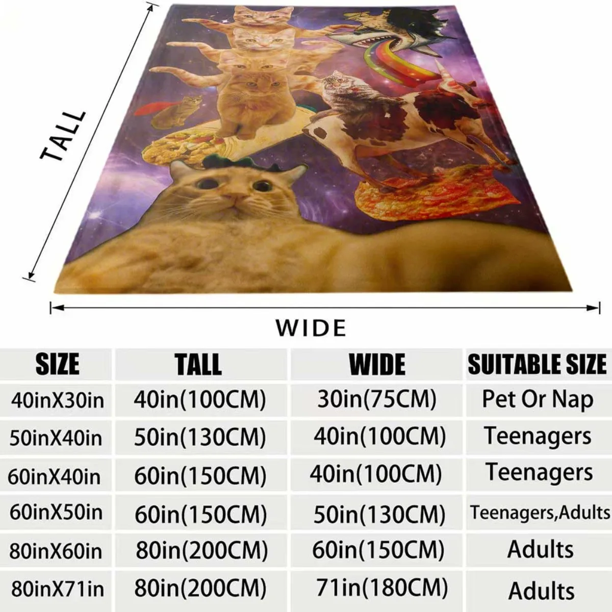Cosmic Surreal Cat Flannel Blanket, Galaxy Space Funny Cat Cow Pizza Pattern Lightweight Throw Blanket for Bed Couch Home Use