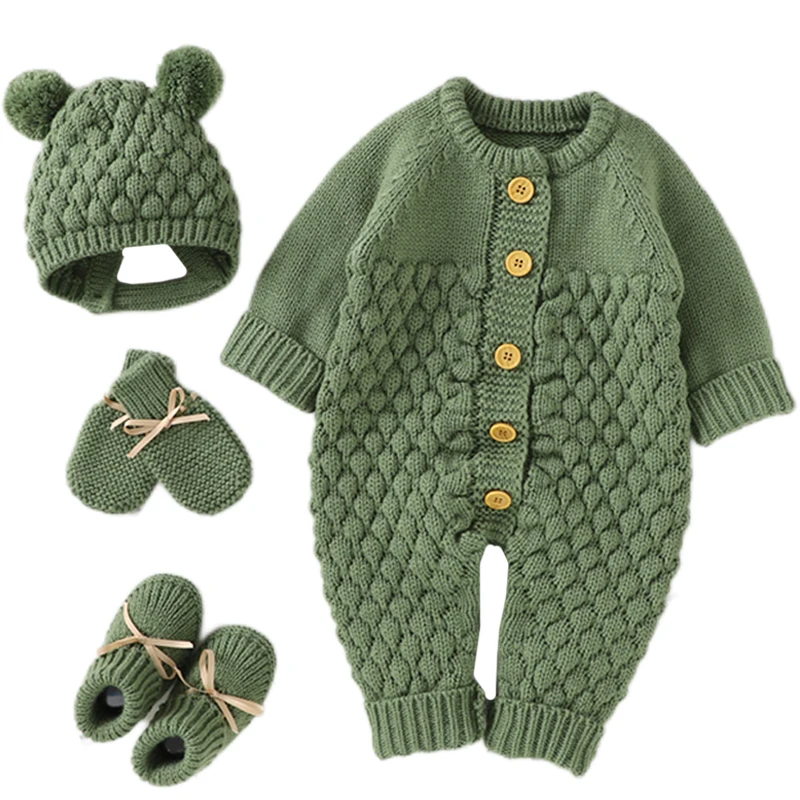 0-24M Newborn Baby Romper Shoes Gloves Set Knit Girl Boy Jumpsuit Boot Mitten Solid Toddler Infant Long Sleeve Knit Clothing