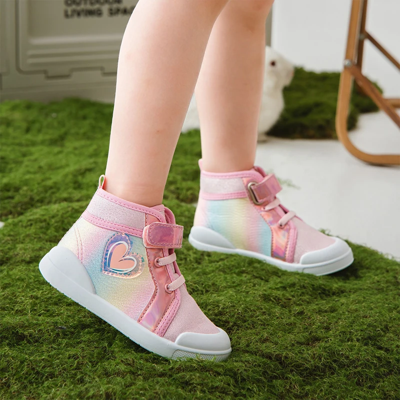 2024 Kinderen Canvas Schoenen Herfst Lente Meisjes Houden Van Regenboog Hoge Schoenen Kinderen Schattige Prinses Schoenen Kids Glitter Wandelschoenen