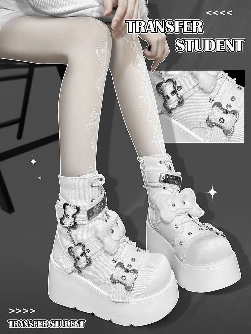 Transfer Student's Shoes Small Bone Boots Denim Short Boots Punk Girl Shoes Round Toe Thick Soled Boots Plush Boots Pink Boots