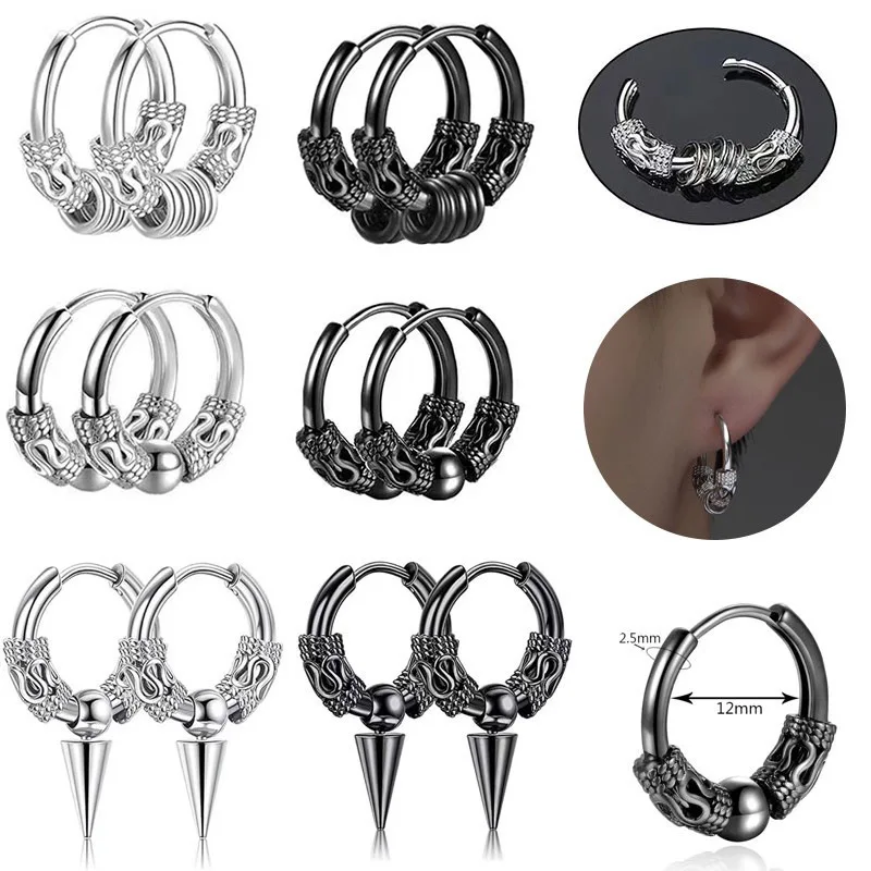 1pair Punk Stainless Steel Viking Earrings Round Circle Totem Hoop Earrings For Men Women Huggie Hip Hop 12mm 14mm 16mm