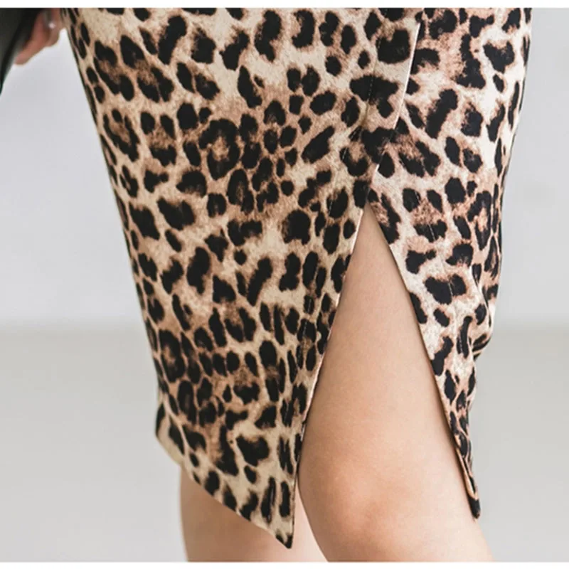 Jupe mi-longue pour femmes, coupe cintrée, imprimé léopard, taille haute, fendue aux hanches, nouvelle collection 2025